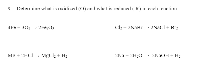 ### Oxidation-Reduction Reactions

In this exercise, determine what is oxidized (O) and what is reduced (R) in each of the following reactions.

1. **Reaction:**
   \[
   4Fe + 3O_2 \rightarrow 2Fe_2O_3
   \]
   - **Oxidized (O):** Iron (Fe) - It loses electrons and increases its oxidation state from 0 to +3.
   - **Reduced (R):** Oxygen (O_2) - It gains electrons and decreases its oxidation state from 0 to -2.

2. **Reaction:**
   \[
   Cl_2 + 2NaBr \rightarrow 2NaCl + Br_2
   \]
   - **Oxidized (O):** Bromine (Br) in NaBr - it loses electrons and increases its oxidation state from -1 to 0.
   - **Reduced (R):** Chlorine (Cl_2) - it gains electrons and decreases its oxidation state from 0 to -1.

3. **Reaction:**
   \[
   Mg + 2HCl \rightarrow MgCl_2 + H_2
   \]
   - **Oxidized (O):** Magnesium (Mg) - It loses electrons and increases its oxidation state from 0 to +2.
   - **Reduced (R):** Hydrogen (H) in HCl - it gains electrons and decreases its oxidation state from +1 to 0.
   
4. **Reaction:**
   \[
   2Na + 2H_2O \rightarrow 2NaOH + H_2
   \]
   - **Oxidized (O):** Sodium (Na) - It loses electrons and increases its oxidation state from 0 to +1.
   - **Reduced (R):** Hydrogen (H) in H_2O - it gains electrons and decreases its oxidation state from +1 to 0.