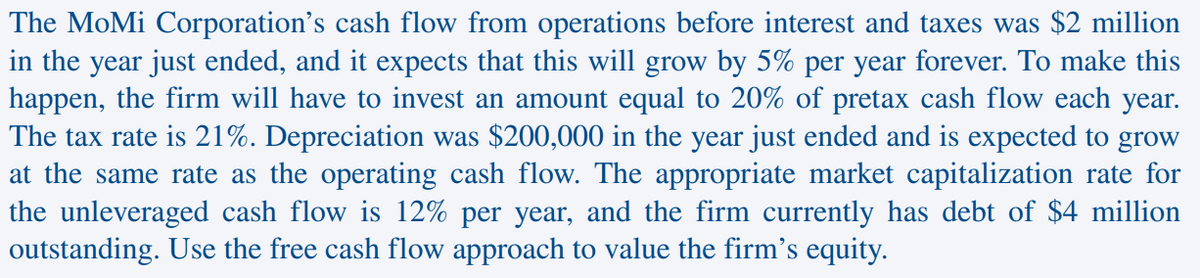 The MoMi Corporation's cash flow from operations before interest and taxes was $2 million
in the year just ended, and it expects that this will grow by 5% per year forever. To make this
happen, the firm will have to invest an amount equal to 20% of pretax cash flow each year.
The tax rate is 21%. Depreciation was $200,000 in the year just ended and is expected to grow
at the same rate as the operating cash flow. The appropriate market capitalization rate for
the unleveraged cash flow is 12% per year, and the firm currently has debt of $4 million
outstanding. Use the free cash flow approach to value the firm's equity.