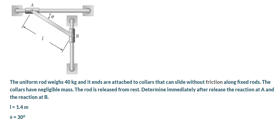 A
B
The uniform rod weighs 40 kg and it ends are attached to collars that can slide without friction along fixed rods. The
collars have negligible mass. The rod is released from rest. Determine immediately after release the reaction at A and
the reaction at B.
|= 1.4 m
0 = 30°
