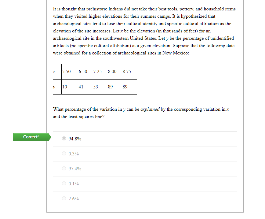 It is thought that prehistoric Indians did not take their best tools, pottery, and household items
when they visited higher elevations for their summer camps. It is hypothesized that
archaeological sites tend to lose their cultural identity and specific cultural affiliation as the
elevation of the site increases. Let x be the elevation (in thousands of feet) for an
archaeological site in the southwestern United States. Let y be the percentage of unidentified
artifacts (no specific cultural affiliation) at a given elevation. Suppose that the following data
were obtained for a collection of archaeological sites in New Mexico:
5.50
6.50
7.25
8.00 8.75
y
10
41
53
89
89
What percentage of the variation in y can be explained by the corresponding variation in x
and the least-squares line?
Correct!
94.8%
O 0.3%
97.4%
0.1%
O 2.6%
