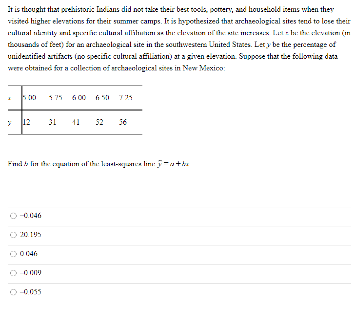 It is thought that prehistoric Indians did not take their best tools, pottery, and household items when they
visited higher elevations for their summer camps. It is hypothesized that archaeological sites tend to lose their
cultural identity and specific cultural affiliation as the elevation of the site increases. Let x be the elevation (in
thousands of feet) for an archaeological site in the southwestern United States. Let y be the percentage of
unidentified artifacts (no specific cultural affiliation) at a given elevation. Suppose that the following data
were obtained for a collection of archaeological sites in New Mexico:
5.00
5.75
6.00
6.50
7.25
12
31
41
52
56
Find o for the equation of the least-squares line y =a+bx.
-0.046
20.195
0.046
-0.009
-0.055
