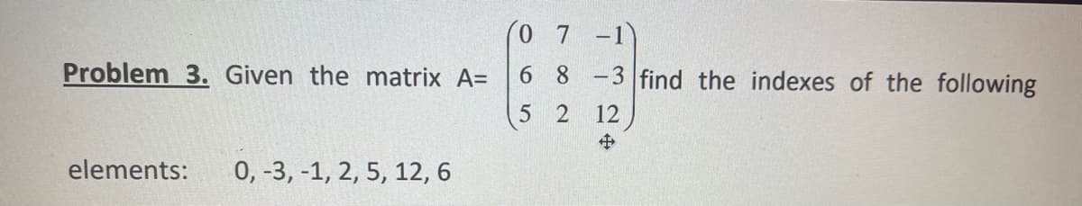 Problem 3. Given the matrix A=
elements:
0, -3, -1, 2, 5, 12, 6
(0
6 8 -3 find the indexes of the following
7 -1)
4 3124
5 2