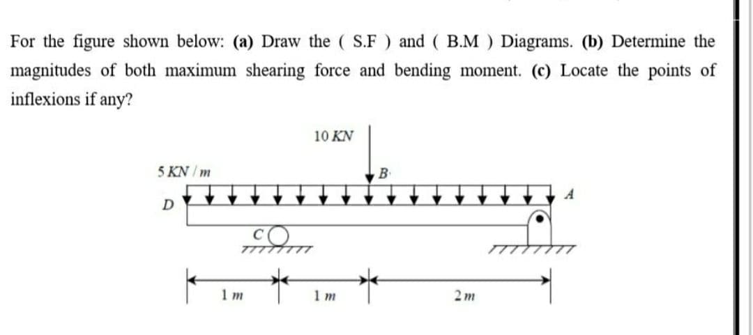 For the figure shown below: (a) Draw the ( S.F) and ( B.M ) Diagrams. (b) Determine the
magnitudes of both maximum shearing force and bending moment. (c) Locate the points of
inflexions if any?
10 KN
5 KN / m
B
A
1 m
1 m
2 т
