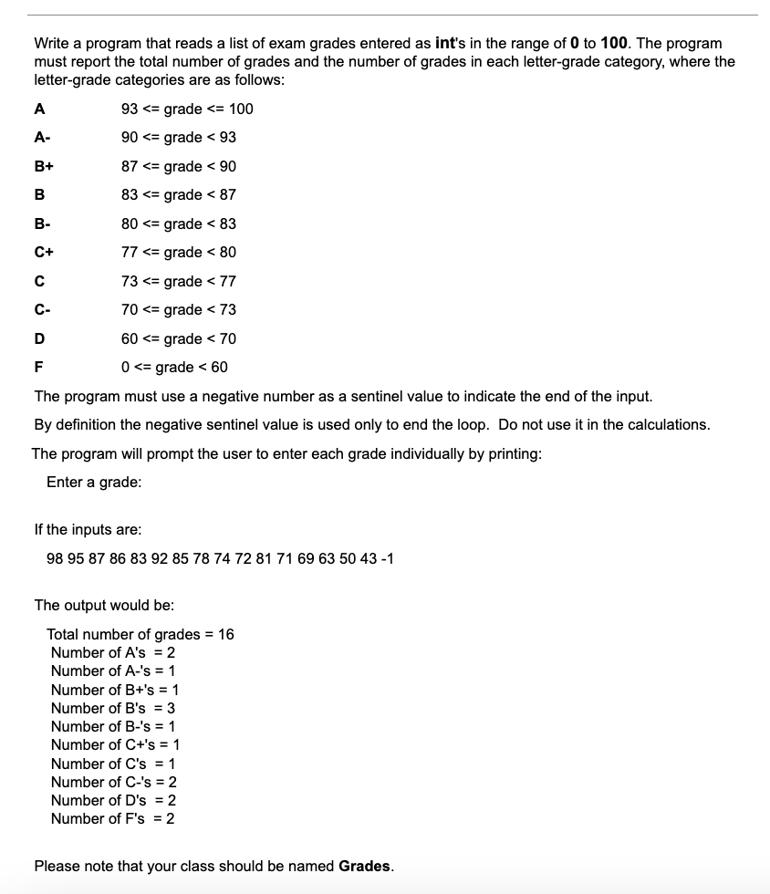 Write a program that reads a list of exam grades entered as int's in the range of 0 to 100. The program
must report the total number of grades and the number of grades in each letter-grade category, where the
letter-grade categories are as follows:
93 <= grade <= 100
90 <= grade < 93
87 <= grade < 90
83 <= grade 87
80 <= grade < 83
77 <= grade < 80
73 <= grade < 77
70 <= grade < 73
60 <= grade < 70
0 <= grade < 60
The program must use a negative number as a sentinel value to indicate the end of the input.
By definition the negative sentinel value is used only to end the loop. Do not use it in the calculations.
The program will prompt the user to enter each grade individually by printing:
Enter a grade:
A
A-
B+
B
B-
C+
с
C-
D
F
If the inputs are:
98 95 87 86 83 92 85 78 74 72 81 71 69 63 50 43 -1
The output would be:
Total number of grades = 16
Number of A's = 2
Number of A-'s = 1
Number of B+'s = 1
Number of B's 3
Number of B-'s = 1
Number of C+'s = 1
Number of C's = 1
Number of C-'s = 2
Number of D's = 2
Number of F's = 2
Please note that your class should be named Grades.