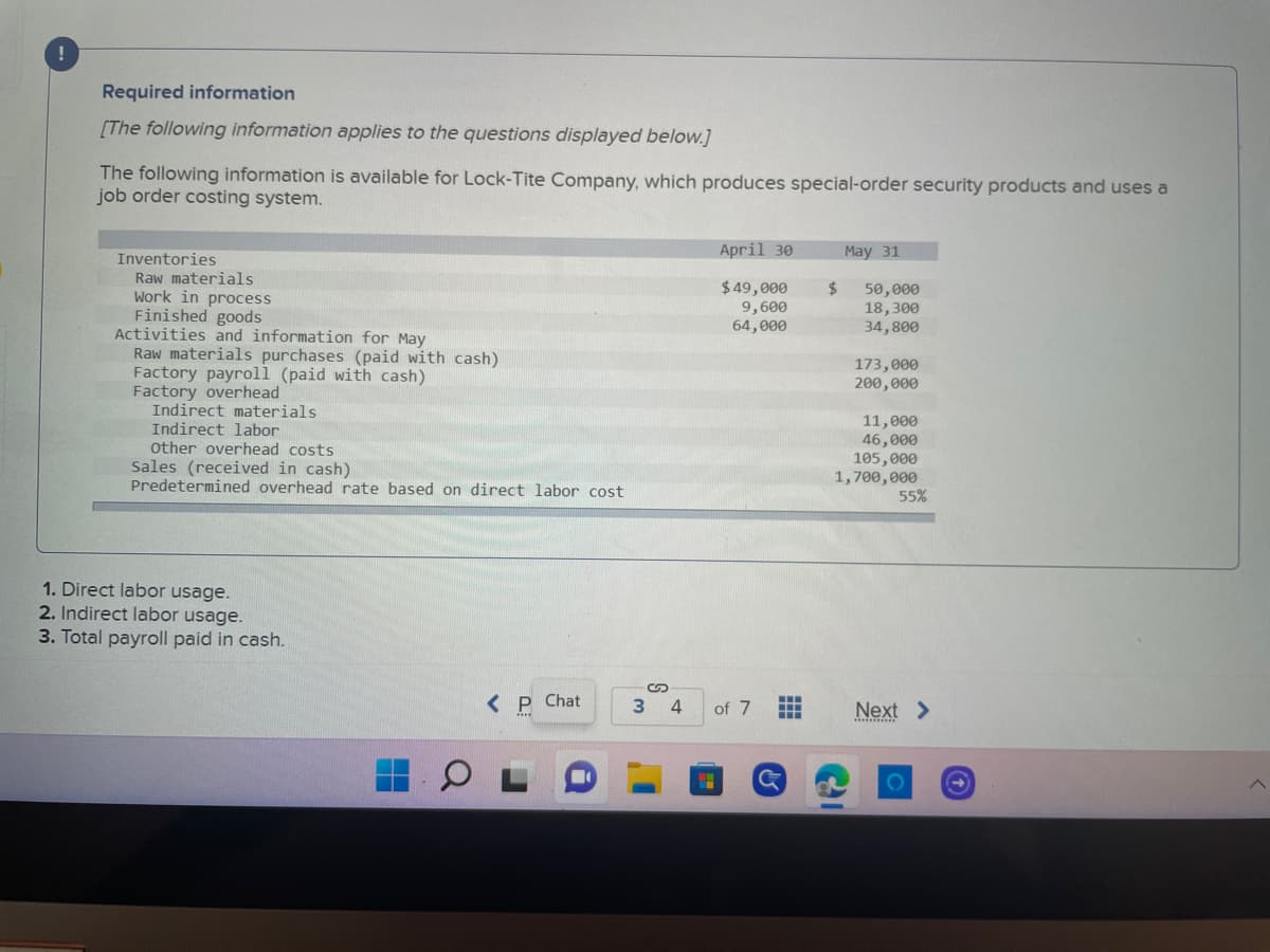 ### Required Information

*The following information applies to the questions displayed below.*

The following information is available for Lock-Tite Company, which produces special-order security products and uses a job order costing system.

**Inventories** (Amounts in $)
| Category          | April 30 | May 31  |
|-------------------|----------|---------|
| Raw materials     | 49,000   | 50,000  |
| Work in process   | 9,600    | 18,300  |
| Finished goods    | 64,000   | 34,800  |

**Activities and information for May**
| Activity/Information              | Amount (in $) |
|-----------------------------------|---------------|
| Raw materials purchases (paid with cash) | 173,000       |
| Factory payroll (paid with cash)         | 200,000       |
| Factory overhead                         |               |
| • Indirect materials                     | 11,000        |
| • Indirect labor                         | 46,000        |
| • Other overhead costs                   | 105,000       |
| Sales (received in cash)                 | 1,700,000     |
| Predetermined overhead rate based on direct labor cost | 55%          |

1. Direct labor usage.
2. Indirect labor usage.
3. Total payroll paid in cash.