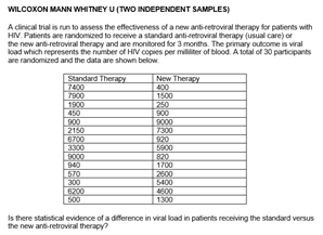 WILCOXON MANN WHITNEY U (TWO INDEPENDENT SAMPLES)
A clinical trial is run to assess the effectiveness of a new anti-retroviral therapy for patients with
HIV. Patients are randomized to receive a standard anti-retroviral therapy (usual care) or
the new anti-retroviral therapy and are monitored for 3 months. The primary outcome is viral
load which represents the number of HIV copies per milliliter of blood. A total of 30 participants
are randomized and the data are shown below.
Standard Therapy
New Therapy
7400
400
1500
1900
250
900
450
900
9000
2150
7300
6700
920
3300
5900
9000
820
940
1700
570
2600
300
5400
6200
4600
500
1300
Is there statistical evidence of a difference in viral load in patients receiving the standard versus
the new anti-retroviral therapy?