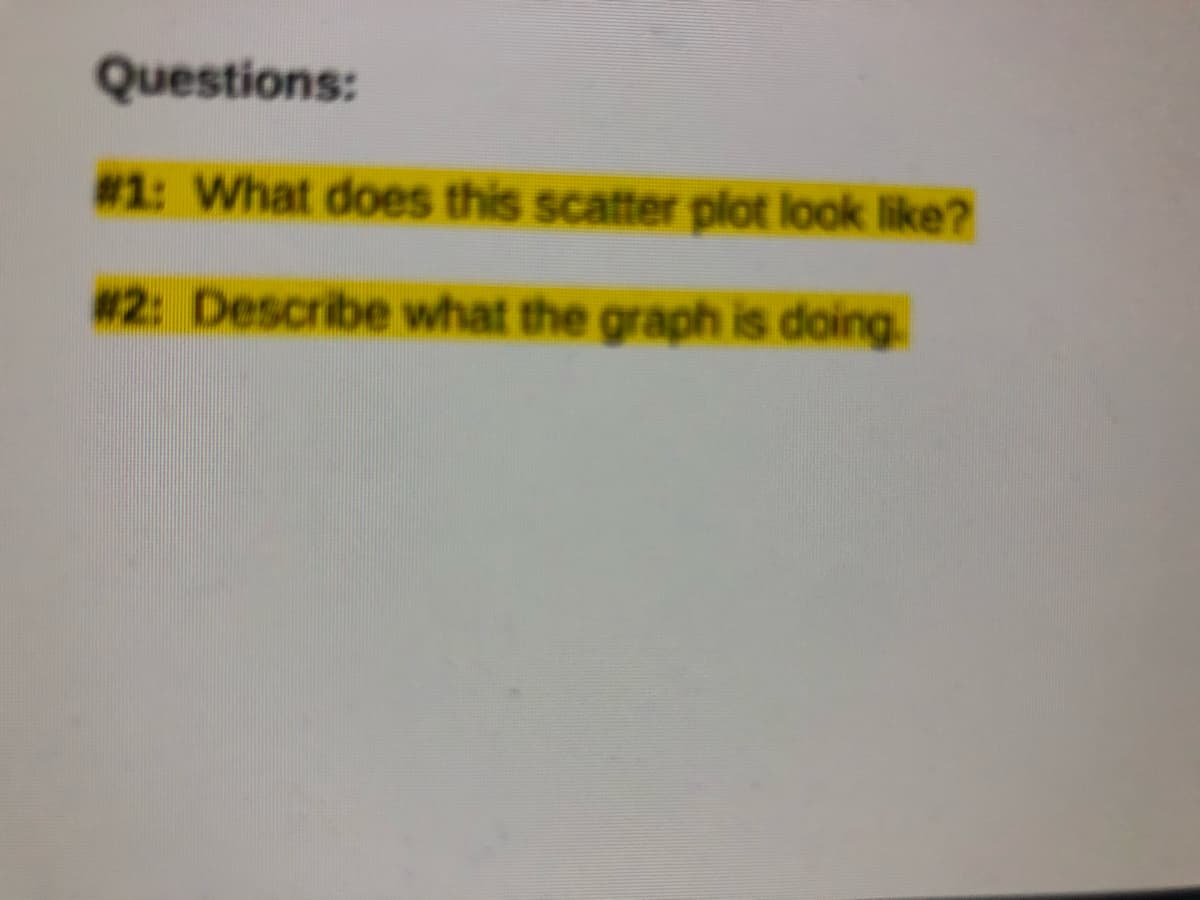 Questions:
#1: What does this scatter plot look like?
# 2: Describe what the graph is doing.
