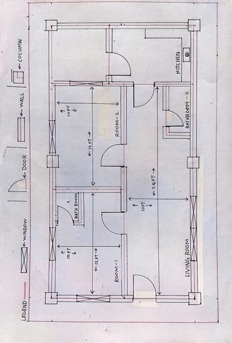 LEGEND:
↑
10 FT
↓
<<12 FT->>
ROOM-1
WINDOW
LIVING ROOM
BATH ROOM
↑
1OFT
↓
← DOOR
<<24FT →
←12 FT →
<< WALL
↑
JOFT
↓
ROOM-2
BATHROOM-Z
<<COLUMN
KITCHEN