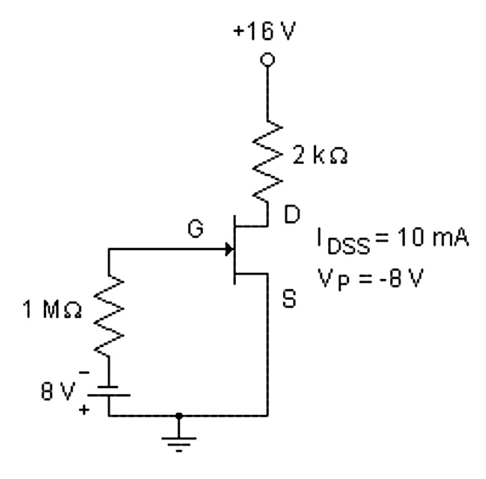 1 MQ
8 V
+16 V
2kQ
D
5
| Dss = 10 mA
DSS
Vp-8 V