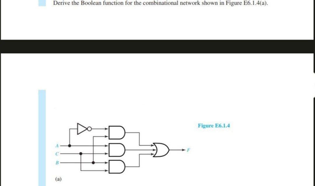 Derive the Boolean function for the combinational network shown in Figure E6.1.4(a).
C
B
(a)
BQ
F
Figure E6.1.4