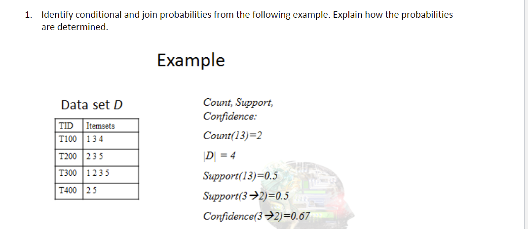 1. Identify conditional and join probabilities from the following example. Explain how the probabilities
are determined.
Example
Count, Support,
Confidence:
Data set D
Itemsets
T100 134
TID
Count(13)=2
T200 235
D = 4
T300 1235
Support(13)=0.5
T400 25
Support(3 →2)=0.5
Confidence(3→2)=0.67
