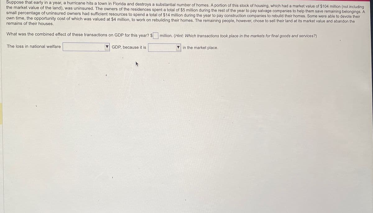 Suppose that early in a year, a hurricane hits a town in Florida and destroys a substantial number of homes. A portion of this stock of housing, which had a market value of $104 million (not including
the market value of the land), was uninsured. The owners of the residences spent a total of $5 million during the rest of the year to pay salvage companies to help them save remaining belongings. A
small percentage of uninsured owners had sufficient resources to spend a total of $14 million during the year to pay construction companies to rebuild their homes. Some were able to devote their
own time, the opportunity cost of which was valued at $4 million, to work on rebuilding their homes. The remaining people, however, chose to sell their land at its market value and abandon the
remains of their houses.
What was the combined effect of these transactions on GDP for this year? $ million. (Hint: Which transactions took place in the markets for final goods and services?)
in the market place.
The loss in national welfare
0
GDP, because it is