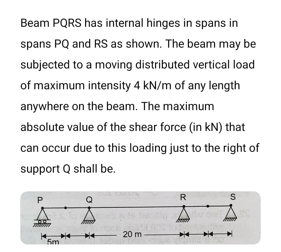 Beam PQRS has internal hinges in spans in
spans PQ and RS as shown. The beam may be
subjected to a moving distributed vertical load
of maximum intensity 4 kN/m of any length
anywhere on the beam. The maximum
absolute value of the shear force (in kN) that
can occur due to this loading just to the right of
support Q shall be.
Q
R
20 m
5m
