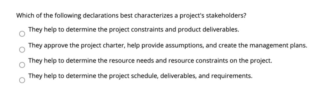 Which of the following declarations best characterizes a project's stakeholders?
They help to determine the project constraints and product deliverables.
They approve the project charter, help provide assumptions, and create the management plans.
They help to determine the resource needs and resource constraints on the project.
They help to determine the project schedule, deliverables, and requirements.
