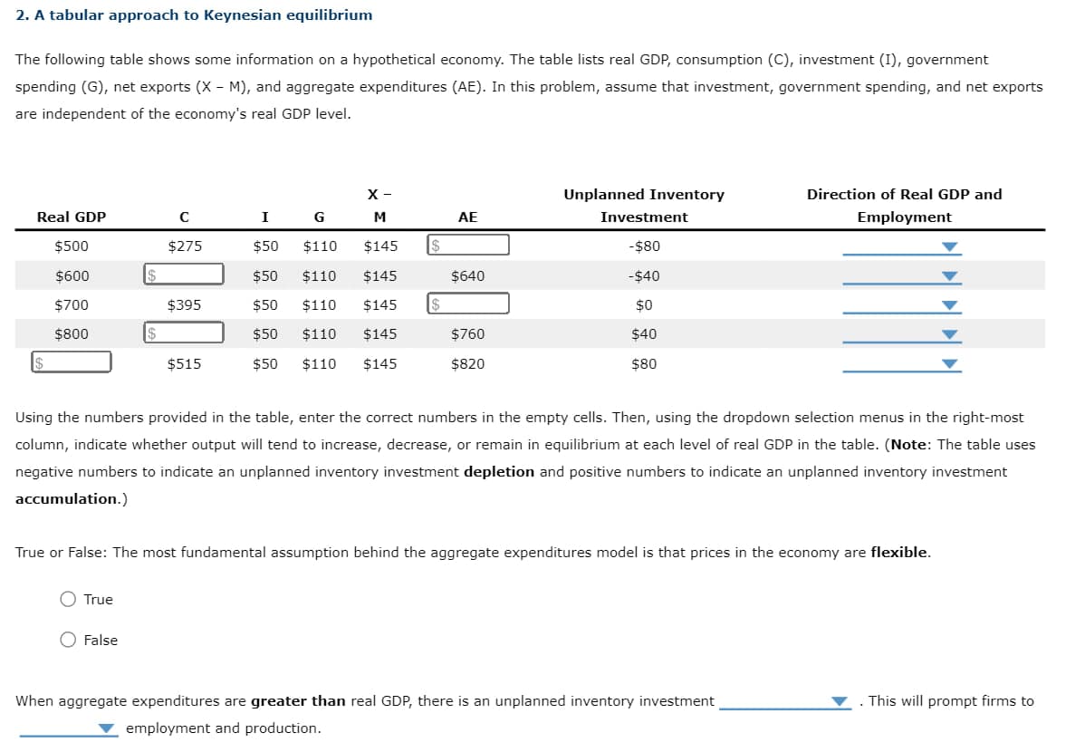 2. A tabular approach to Keynesian equilibrium
The following table shows some information on a hypothetical economy. The table lists real GDP, consumption (C), investment (I), government
spending (G), net exports (X - M), and aggregate expenditures (AE). In this problem, assume that investment, government spending, and net exports
are independent of the economy's real GDP level.
X-
Unplanned Inventory
Real GDP
с
I G M
AE
Investment
Direction of Real GDP and
Employment
$500
$275
$50
$110
$145
$
-$80
$600
$50
$110 $145
$640
-$40
$700
$395
$50
$110 $145
$
$0
$800
$50
$110 $145
$760
$40
$515
$50 $110 $145
$820
$80
Using the numbers provided in the table, enter the correct numbers in the empty cells. Then, using the dropdown selection menus in the right-most
column, indicate whether output will tend to increase, decrease, or remain in equilibrium at each level of real GDP in the table. (Note: The table uses
negative numbers to indicate an unplanned inventory investment depletion and positive numbers to indicate an unplanned inventory investment
accumulation.)
True or False: The most fundamental assumption behind the aggregate expenditures model is that prices in the economy are flexible.
True
False
When aggregate expenditures are greater than real GDP, there is an unplanned inventory investment
employment and production.
This will prompt firms to