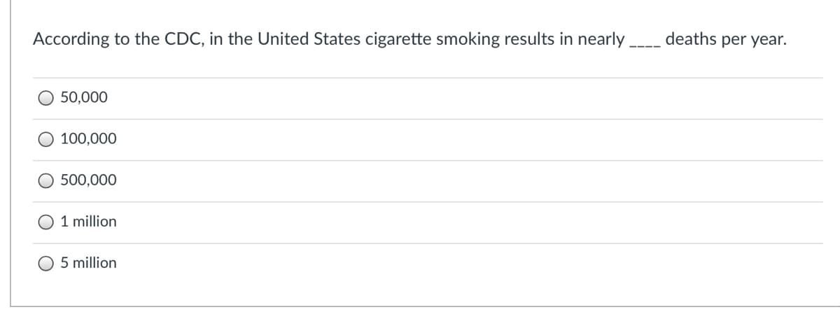 According to the CDC, in the United States cigarette smoking results in nearly
deaths per year.
50,000
100,000
500,000
1 million
5 million
