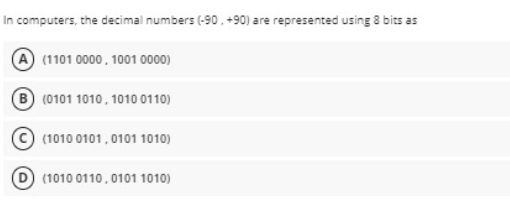 In computers, the decimal numbers (-90.+90) are represented using 8 bits as
(1101 0000, 1001 0000)
B (0101 1010, 1010 0110)
(1010 0101, 0101 1010)
(1010 0110, 0101 1010)
