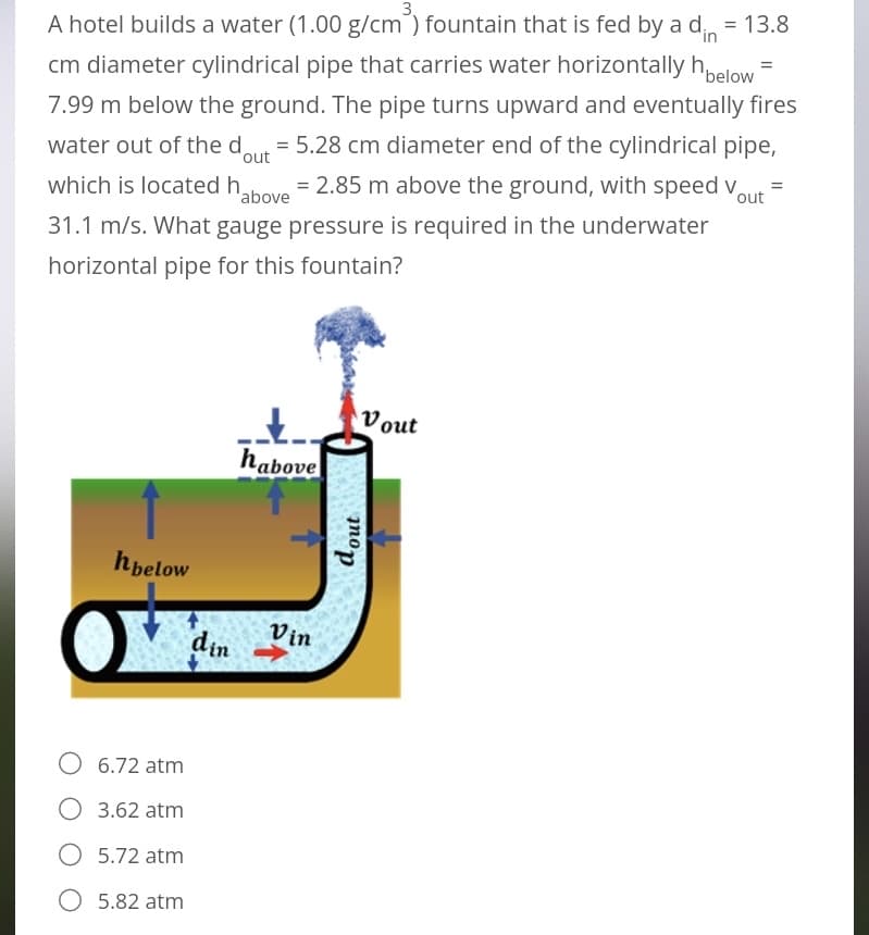 A hotel builds a water (1.00 g/cm³) fountain that is fed by a din = 13.8
cm diameter cylindrical pipe that carries water horizontally below
7.99 m below the ground. The pipe turns upward and eventually fires
water out of the dout= 5.28 cm diameter end of the cylindrical pipe,
which is located habove = 2.85 m above the ground, with speed v out
31.1 m/s. What gauge pressure is required in the underwater
horizontal pipe for this fountain?
=
Vout
habove
hbelow
6.72 atm
O 3.62 atm
O 5.72 atm
O 5.82 atm
Vin
dout