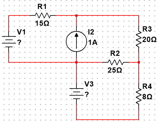 V1
-?
R1
15Ω
12
1Α
V3
R2
25Ω
R3
20Ω
Μ
M
R4
8Ω