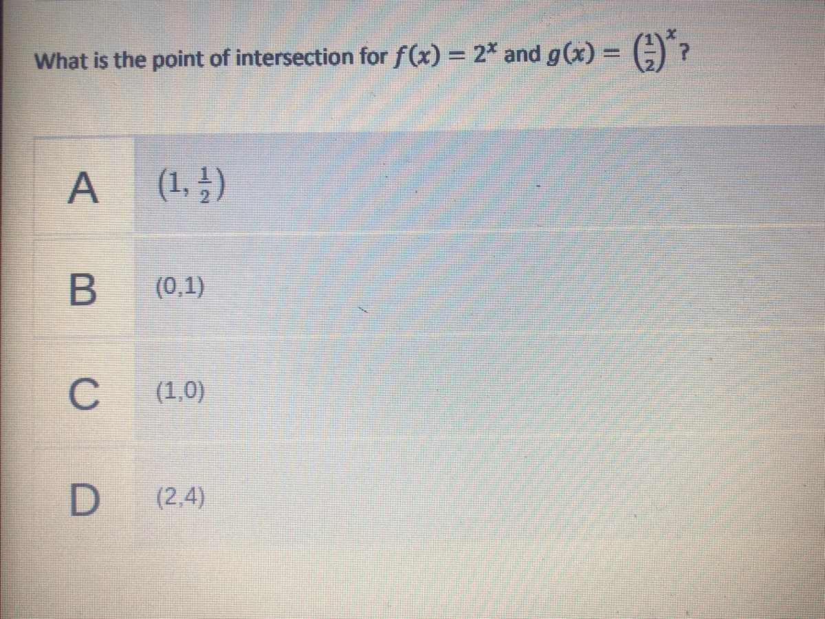 What is the point of intersection for f(x) = 2* and g(x) = () ?
А
(1, 4)
(0,1)
C
(1,0)
(2,4)
1/2
