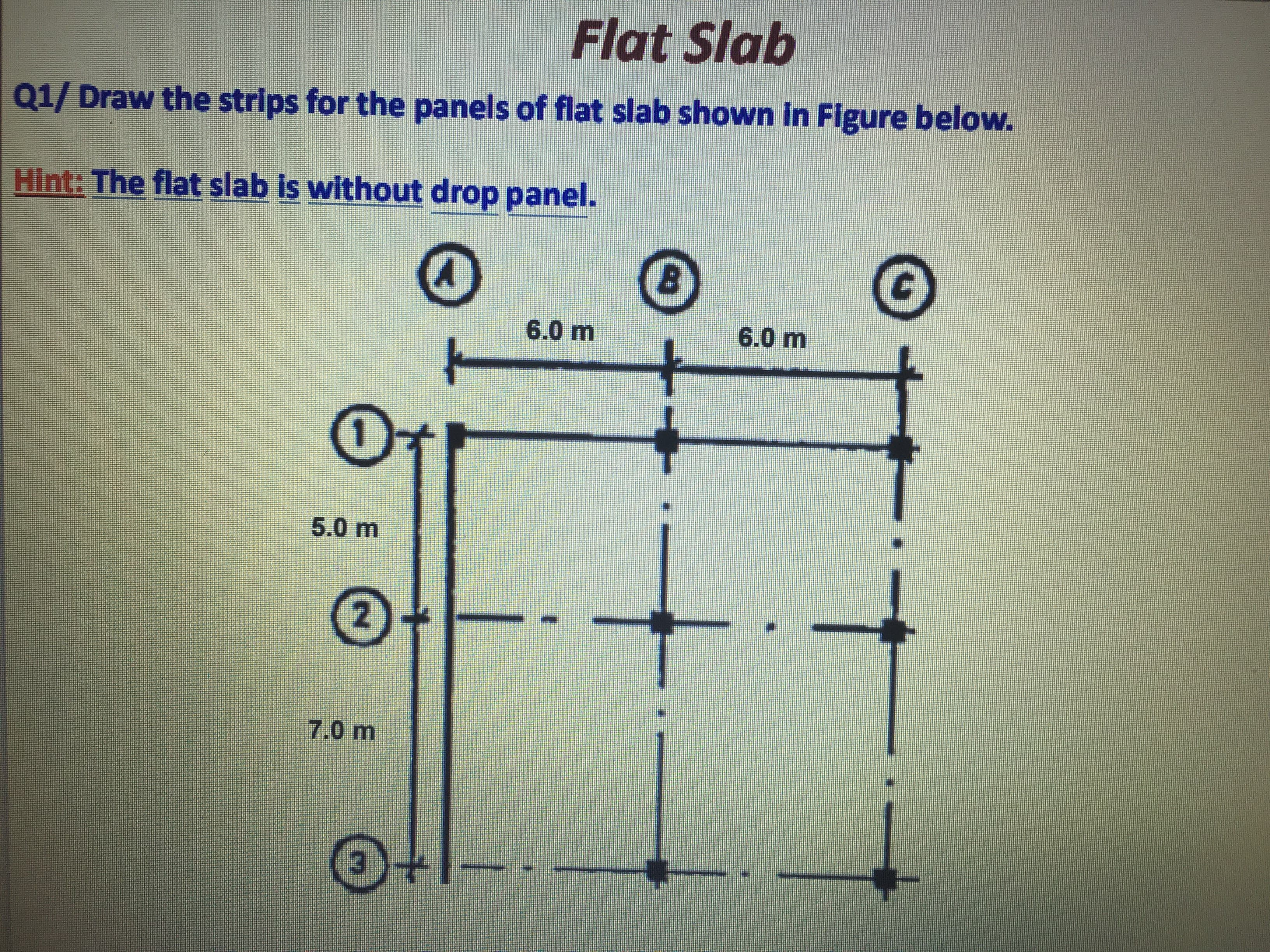 Q1/ Draw the strips for the panels of flat slab shown in Figure below.
Hint: The flat slab is without drop panel.
