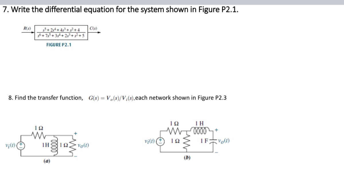 7. Write the differential equation for the system shown in Figure P2.1.
R(s) 55+254 +453 +5² +4
56 + 755 +35¹ +25³ +5² +5
FIGURE P2.1
vj(t)
8. Find the transfer function, G(s) = Vo(s)/V;(s), each network shown in Figure P2.3
192
1Η
(a)
eeee
C(s)
102 Vo(t)
vi(t)
192
1H
W 0000.
192
1F
[WW
(b)
+
vo(t)