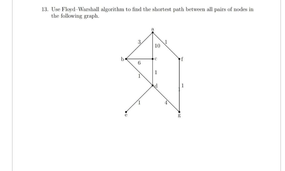 13. Use Floyd-Warshall algorithm to find the shortest path between all pairs of nodes in
the following graph.
b
3,
6
10
с
1
f
g