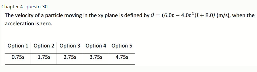 Chapter 4- questn-30
The velocity of a particle moving in the xy plane is defined by i = (6.0t – 4.0t?)î + 8.0j (m/s), when the
acceleration is zero.
Option 1 Option 2 Option 3
Option 4 Option 5
0.75s
1.75s
2.75s
3.75s
4.75s
