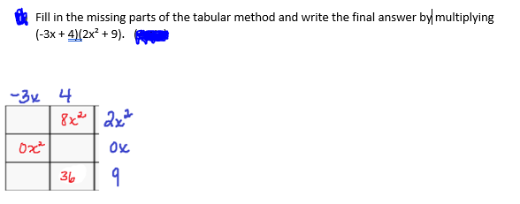 Fill in the missing parts of the tabular method and write the final answer by multiplying
(-3x+4)(2x² + 9).
-3x 4
#
0x²
8x²2x²
0x
36 9