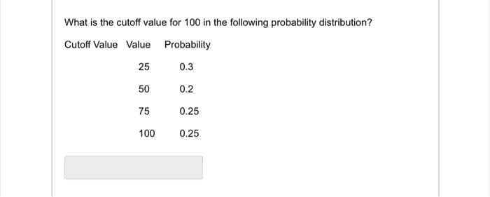 What is the cutoff value for 100 in the following probability distribution?
Cutoff Value Value
Probability
25
0.3
50
75
100
0.2
0.25
0.25