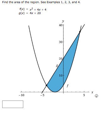 Find the area of the region. See Examples 1, 2, 3, and 4.
f(x) - x? + 4x + 4
g(x)
4x + 20
y
40
30
20
10
X
-10
-5
5
