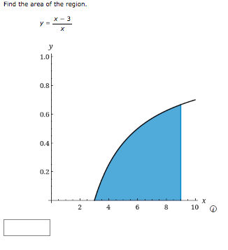 Find the area of the region.
x - 3
y
1.0|
0.8
0.6
0.4
0.2
8
10
2.
