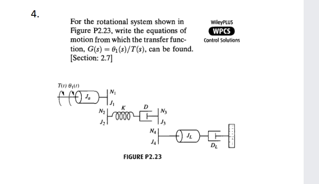 4.
For the rotational system shown in
Figure P2.23, write the equations of
WileyPLUS
WPCS
motion from which the transfer func-
Control Solutions
tion, G(s) = 61(s)/T(s), can be found.
[Section: 2.7]
N2
JL
DL
FIGURE P2.23
