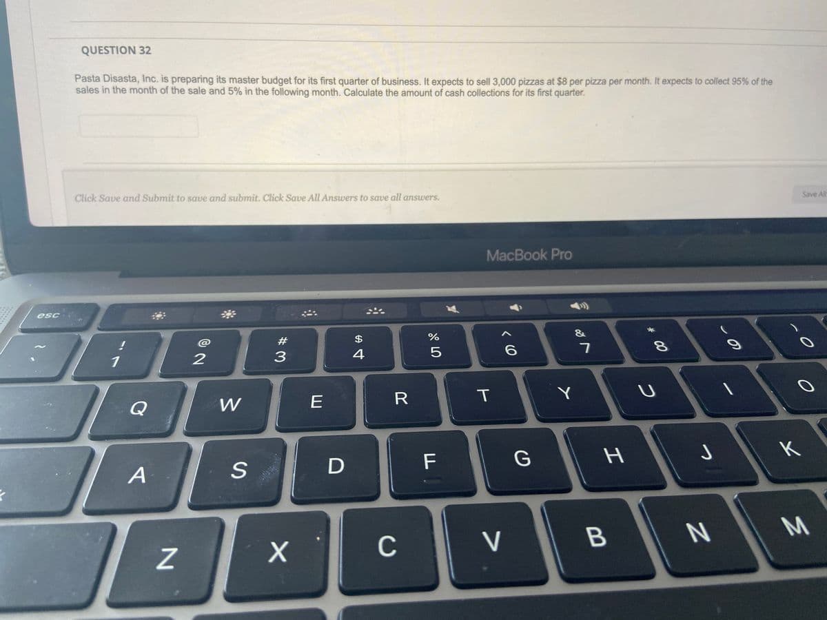 ### Question 32
**Pasta Disasta, Inc.** is preparing its master budget for its first quarter of business. It expects to sell 3,000 pizzas at $8 per pizza per month. It expects to collect 95% of the sales in the month of the sale and 5% in the following month. Calculate the amount of cash collections for its first quarter.

### Instructions
- Click **Save and Submit** to save and submit.
- Click **Save All Answers** to save all answers.

### Context and Calculation
Assuming that the total sales for the first three months are accrued and a portion is collected in the following months, we can break down the problem as follows:

1. **Monthly Sales Calculation:**
   - Sales per month: 3,000 pizzas * $8 = $24,000

2. **Cash Collection Schedule:**
   - 95% of $24,000 (collected in the month of sale): $24,000 * 0.95 = $22,800
   - 5% of $24,000 (collected in the following month): $24,000 * 0.05 = $1,200

3. **Cash Collections for Each Month:**
   - **Month 1:**
     - Collections: $22,800 (95% of $24,000 for Month 1)
   - **Month 2:**
     - Collections: $22,800 (95% of $24,000 for Month 2) + $1,200 (5% of $24,000 for Month 1) = $24,000
   - **Month 3:**
     - Collections: $22,800 (95% of $24,000 for Month 3) + $1,200 (5% of $24,000 for Month 2) = $24,000

4. **Total Cash Collections for the First Quarter:**
   - Month 1: $22,800
   - Month 2: $24,000
   - Month 3: $24,000
   - **Total: $22,800 + $24,000 + $24,000 = $70,800**

Thus, the amount of cash collections for the first quarter is $70,800.

### Note
This question requires an understanding of budgeting and cash flow management which are critical skills in financial planning.
