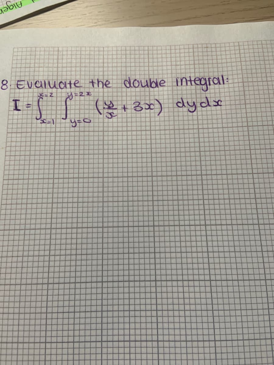 aiger
8 Evaluate the double integral:
dydx
