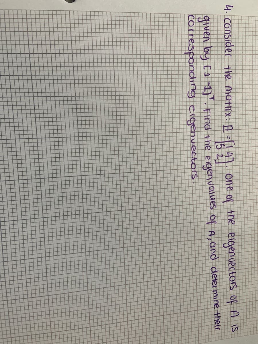 4. consider the mutix: A =[1 41.
one of the eigenuectors of A is
given by Ea 1)'. Find the eigenvalues of A, and deler mine their
corresponding eigenvectors .
