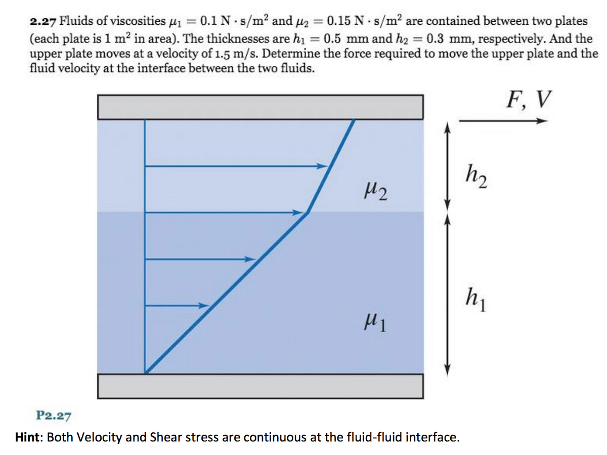 2.27 Fluids of viscosities µ1 = 0.1 N s/m2 and 42 = 0.15 N s/m2 are contained between two plates
(each plate is 1 m? in area). The thicknesses are h1 = 0.5 mm and h2 = 0.3 mm, respectively. And the
upper plate moves at a velocity of 1.5 m/s. Determine the force required to move the upper plate and the
fluid velocity at the interface between the two fluids.
F, V
h2
H2
h1
P2.27
Hint: Both Velocity and Shear stress are continuous at the fluid-fluid interface.
