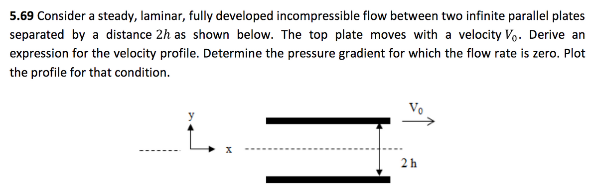 5.69 Consider a steady, laminar, fully developed incompressible flow between two infinite parallel plates
separated by a distance 2h as shown below. The top plate moves with a velocity Vo. Derive an
expression for the velocity profile. Determine the pressure gradient for which the flow rate is zero. Plot
the profile for that condition.
Vo
y
2 h
