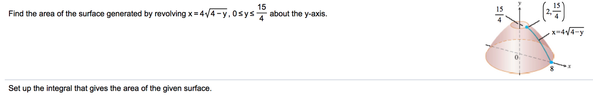 15
15
15
Find the area of the surface generated by revolving x = 4/4-y,0sys about the y-axis.
4
4
x=4/4-y
8.
Set up the integral that gives the area of the given surface.
