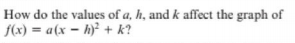 How do the values of a, h, and k affect the graph of
f(x) = a(x – h)² + k?
