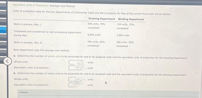 Equivalent Units of Production: Average Cost Method
Units of production data for the two departments of Continental Cable and Wire Company for May of the current fiscal year are as follows:
Winding Department.
Work in process, May 1
Completed and transferred to next processing department
during May
Work in process, May 31
Drawing Department
500 units, 70%
completed
8,000 units
400 units, 65%
completed
Feedback
Each department uses the average cost method.
a. Determine the number of whole units to be accounted for and to be assigned costs and the equivalent units of production for the Drawing Department.
Whole units
units
units
150 units, 25%
completed
Equivalent units of production
b. Determine the number of whole units to be accounted for and to be assigned costs and the equivalent units of production for the Winding Department.
Whole units
Equivalent units of production
units
7,800 units
units
300 units, 35%
completed