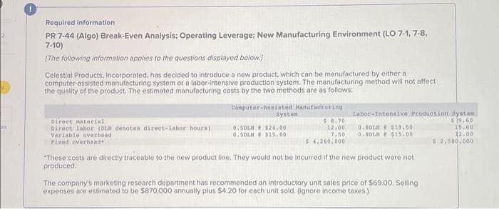 Required information
PR 7-44 (Algo) Break-Even Analysis; Operating Leverage; New Manufacturing Environment (LO 7-1, 7-8,
7-10)
(The following information applies to the questions displayed below.)
Celestial Products, Incorporated, has decided to introduce a new product, which can be manufactured by either a
computer-assisted manufacturing system or a labor-intensive production system. The manufacturing method will not affect
the quality of the product. The estimated manufacturing costs by the two methods are as follows:
Computer-Assisted Manufacturing
Direct material
Direct labor (OL denotes direct-labor hours)
Variable overhead
Fixed overhead
Systen
0.5DL $24.00
0.50LH $15.00
Labor-Intensive Production System
$9.60
15.60
12.00
$2,500,000
$8.70
12.00 0.BDLH $19.50
7.50 0.8DLH $15.00
$4,260,000
"These costs are directly traceable to the new product line. They would not be incurred if the new product were not
produced.
The company's marketing research department has recommended an introductory unit sales price of $69.00. Selling
expenses are estimated to be $870,000 annually plus $4,20 for each unit sold. (Ignore income taxes.)