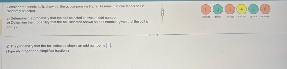 Consider the tennis balls shown in the accompanying figure. Assume that one tennis ball is
randomly selected.
a) Determine the probability that the ball selected shows an odd number.
b) Determine the probability that the ball selected shows an odd number, given that the ball is
orange.
a) The probability that the ball selected shows an odd number is
(Type an integer or a simplified fraction.)
C
orange
2
green
3
4
5
orange yellow green orange
6