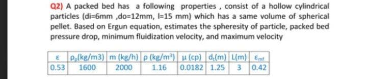 Q2) A packed bed has a following properties, consist of a hollow cylindrical
particles (di-6mm ,do-12mm, I=15 mm) which has a same volume of spherical
pellet. Based on Ergun equation, estimates the spheresity of particle, packed bed
pressure drop, minimum fluidization velocity, and maximum velocity
Pe(kg/m3) m (kg/h) p (kg/m) u (cp) d(m) L(m) Emd
0.53
1600
2000
1.16
0.0182 1.25
3
0.42
