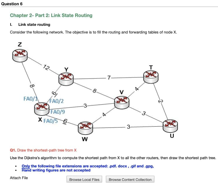 Question 6
Chapter 2- Part 2: Link State Routing
1. Link state routing
Consider the following network. The objective is to fill the routing and forwarding tables of node X.
12-
7-
8.
FAO/ FA0/2
FAO/9
X FAO/5 6
3-
U
W
Q1. Draw the shortest-path tree from X
Use the Dijkstra's algorithm to compute the shortest path from X to all the other routers, then draw the shortest path tree.
Only the following file extensions are accepted: .pdf. docx , .gif and .gpg,
Hand writing figures are not accepted
Browse Content Collection
Attach File
Browse Local Files
N
