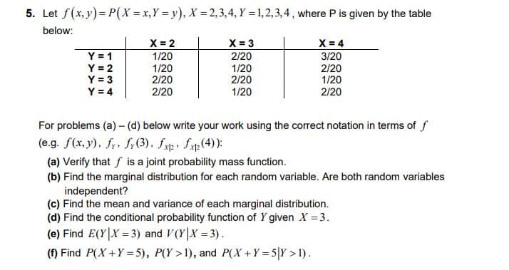 5. Let f(x, y) = P(X =x,Y = y), X = 2,3,4, Y = 1,2,3,4, where P is given by the table
below:
X = 2
X = 3
X = 4
Y = 1
Y = 2
Y = 3
1/20
2/20
1/20
2/20
1/20
3/20
1/20
2/20
2/20
2/20
1/20
Y = 4
2/20
For problems (a) - (d) below write your work using the correct notation in terms of f
(e.g. f(x, y), fy: f,(3), fyp fxp(4) ):
(a) Verify that f is a joint probability mass function.
(b) Find the marginal distribution for each random variable. Are both random variables
independent?
(c) Find the mean and variance of each marginal distribution.
(d) Find the conditional probability function of Y given X =3.
(e) Find E(Y|X = 3) and V(Y|X = 3).
(f) Find P(X+Y =5), P(Y >1), and P(X +Y =5|Y > 1).
