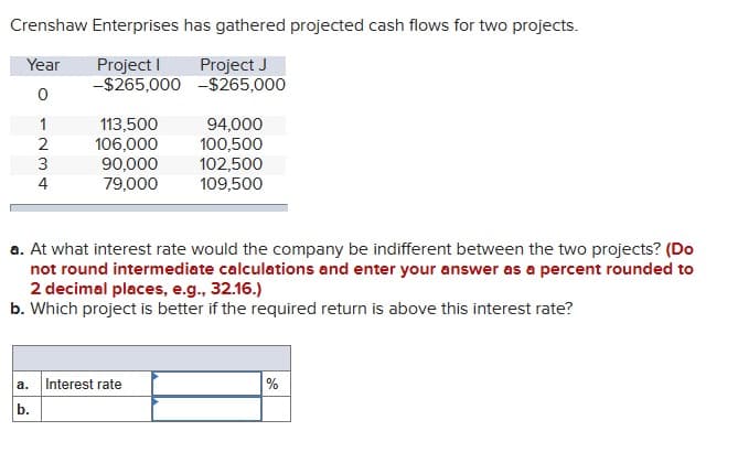 Crenshaw Enterprises has gathered projected cash flows for two projects.
Year
Project I
Project J
-$265,000-$265,000
0
1
113,500
94,000
234
106,000
100,500
90,000
102,500
79,000
109,500
a. At what interest rate would the company be indifferent between the two projects? (Do
not round intermediate calculations and enter your answer as a percent rounded to
2 decimal places, e.g., 32.16.)
b. Which project is better if the required return is above this interest rate?
a. Interest rate
b.
%