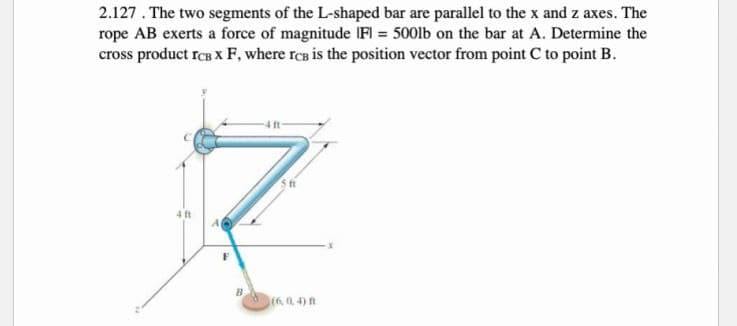 2.127. The two segments of the L-shaped bar are parallel to the x and z axes. The
rope AB exerts a force of magnitude IFI = 500lb on the bar at A. Determine the
cross product ICB X F, where ICB is the position vector from point C to point B.
7
4 ft
F
(6,0,4) f