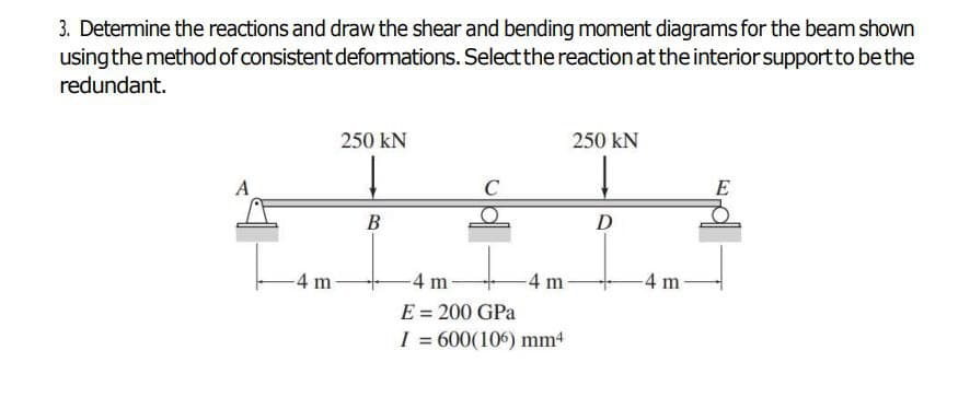 3. Determine the reactions and draw the shear and bending moment diagrams for the beam shown
using the method of consistent deformations. Select the reaction at the interior support to be the
redundant.
A
-4 m
250 KN
B
-4 m-
E = 200 GPa
I = 600(106) mm4
-4 m
250 KN
↓
D
-4 m
E