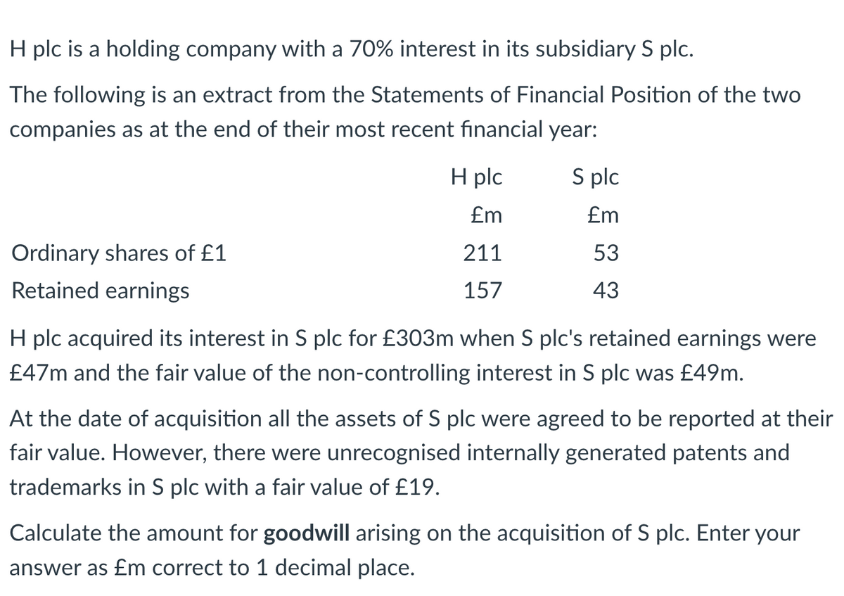 H plc is a holding company with a 70% interest in its subsidiary S plc.
The following is an extract from the Statements of Financial Position of the two
companies as at the end of their most recent financial year:
Ordinary shares of £1
Retained earnings
H plc
£m
211
157
S plc
£m
53
43
H plc acquired its interest in S plc for £303m when S plc's retained earnings were
£47m and the fair value of the non-controlling interest in S plc was £49m.
At the date of acquisition all the assets of S plc were agreed to be reported at their
fair value. However, there were unrecognised internally generated patents and
trademarks in S plc with a fair value of £19.
Calculate the amount for goodwill arising on the acquisition of S plc. Enter your
answer as £m correct to 1 decimal place.